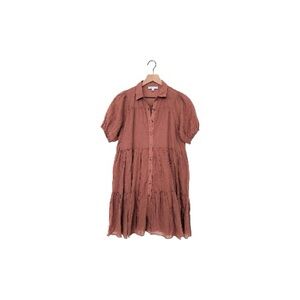 HYFVE Button-Front Dress in Rust Orange Short Puffy Sleeves Tiered Mini S